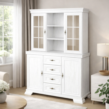 Comode living - Set comoda living VM3 si vitrina VMN4 alb cu spatii de depozitare si usi vitrate