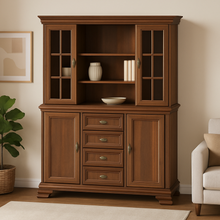 Comode living - Set comoda living VM3 si vitrina VMN4 din lemn masiv cu usi vitrate si sertare