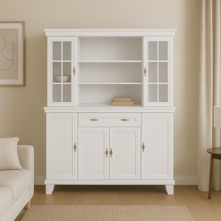 Comode living - Set comoda si vitrina alb antichizat cu vitrine din sticla si manere aurii