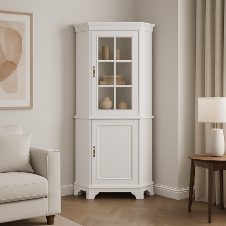 Comode living - Set comoda si vitrina pentru colt VMN1 VMNN1 alb cu usa din sticla si manere aurii