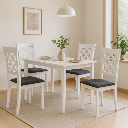 Mese cu scaune - Set masă Bali cu 4 scaune Vienna, MDF & lemn masiv, alb