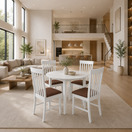 Seturi mese si scaune - Set masa bucatarie Sophia, MDF, rotunda, 90x74 cm si 4 scaune Glendale, stofa,100 kg, 93x49x41.5 cm, alb/maro