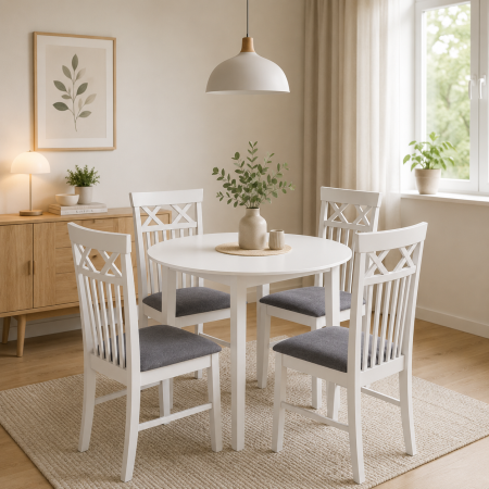 Seturi mese si scaune - Set masa bucatarie Sophia, MDF, rotunda, 90x74 cm si 4 scaune Rebecca, tapiterie stofa,100 kg, 94x49x43.5 cm, alb/gri