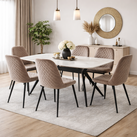 Mese cu scaune - Set masa living Elegant FDT4, blat caramica, structura metalica, 140x80x75 cm, alb/maro si 6 scaune Doina FDC2, tapiterie catifea, 90 kg, bej