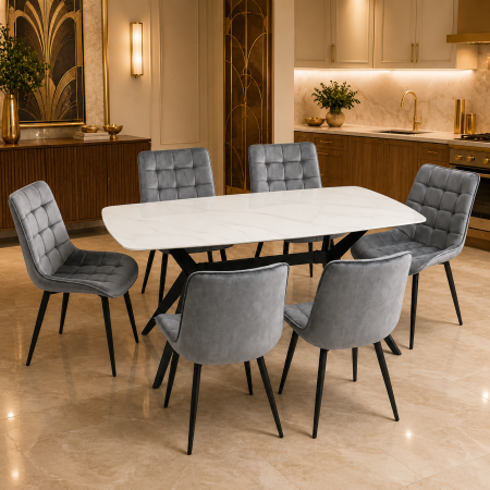 Seturi mese si scaune - Set masa living Elegant FDT4, blat ceramica, structura metalica, 140x80x75 cm, alb/gri si 6 scaune Gloria FDC20, tapiterie catifea, 90 kg, gri