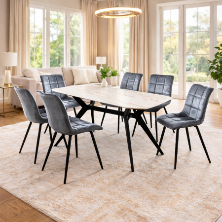 Mese cu scaune - Set masa living Elegant FDT4, blat ceramica, structura metalica, 140x80x75 cm, alb/gri si 6 scaune Rizea FDC4, tapiterie catifea, 90 kg, gri