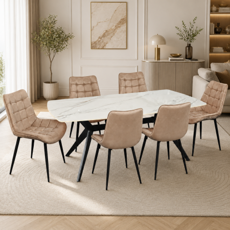 Seturi mese si scaune - Set masa living Elegant FDT4, blat ceramica, structura metalica, 140x80x75 cm, alb/maro si 6 scaune Gloria FDC20, tapiterie catifea, 90 kg, bej