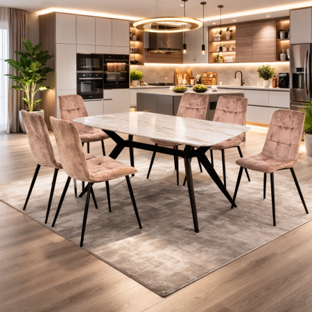 Mese cu scaune - Set masa living Elegant FDT4, blat ceramica, structura metalica, 140x80x75 cm, alb/maro si 6 scaune Rizea FDC4, tapiterie catifea, 90 kg, bej