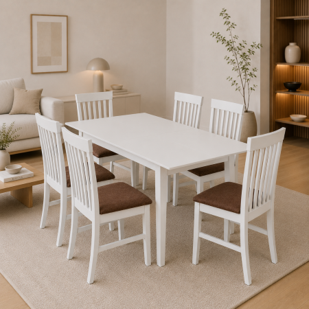 Seturi mese si scaune - Set masa living extensibila Miami, MDF, lemn masiv, 120/150 x 80 x 73.8 cm si 6 scaune, lemn masiv Glendale, stofa,100 kg, 93x49x41.5 cm, alb/maro