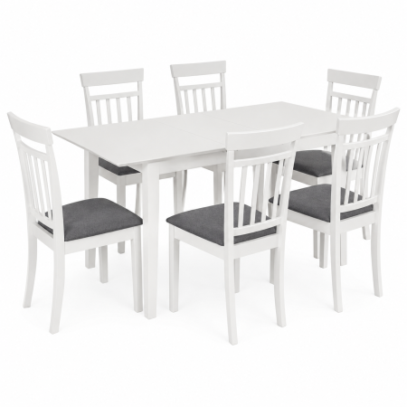 Set masa living extensibila Miami, MDF, lemn masiv, 120/150 x 80 x 73.8 cm si 6 scaune, lemn masiv Hudson, tapiterie stofa,100 kg, 94x50x42 cm, alb/gri [5]