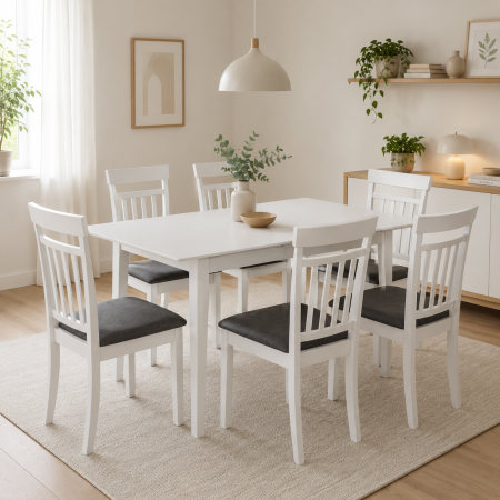 Seturi mese si scaune - Set masa living extensibila Miami, MDF, lemn masiv, 120/150 x 80 x 73.8 cm si 6 scaune, lemn masiv Hudson, tapiterie stofa,100 kg, 94x50x42 cm, alb/gri