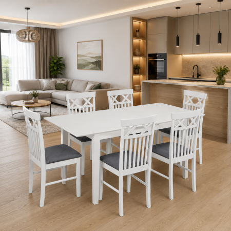 Seturi mese si scaune - Set masa living extensibila Miami, MDF, lemn masiv, 120/150 x 80 x 73.8 cm si 6 scaune Rebecca, stofa,100 kg, 94x49x43.5 cm, alb/gri