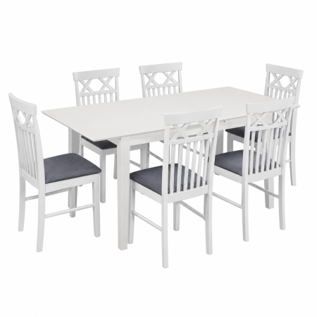 Set masa living extensibila Miami, MDF, lemn masiv, 120/150 x 80 x 73.8 cm si 6 scaune Rebecca, stofa,100 kg, 94x49x43.5 cm, alb/gri [2]