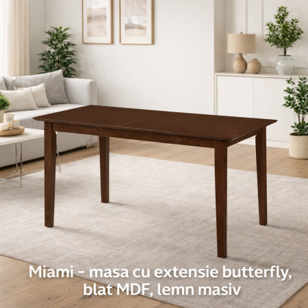 Set masa living extensibila Miami, MDF, lemn masiv, 120/150 x 80 x 73.8 cm si 6 scaune Vienna, tapitat stofa, 94x49x40 cm, nuc/bej [1]