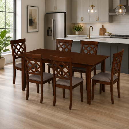 Seturi mese si scaune - Set masa living extensibila Miami, MDF, lemn masiv, 120/150 x 80 x 73.8 cm si 6 scaune Vienna, tapitat stofa, 94x49x40 cm, nuc/maro