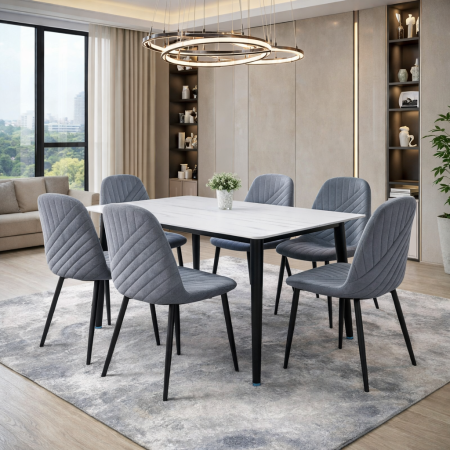 Mese cu scaune - Set masa living Lineo FDT1, blat ceramica, structura metalica, 140x80x75 cm, alb/gri si 6 scaune Doina FDC2, tapiterie catifea, 90 kg, gri