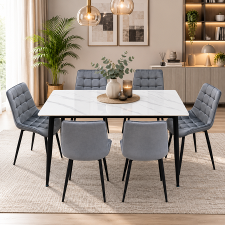Mobilier  - Set masa living Lineo FDT1, blat ceramica, structura metalica, 140x80x75 cm, alb/gri si 6 scaune Gloria FDC20, tapiterie catifea, 90 kg, gri
