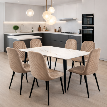 Mese cu scaune - Set masa living Lineo FDT1, blat ceramica, structura metalica, 140x80x75 cm, alb/maro si 6 scaune Doina FDC2, tapiterie catifea, 90 kg, bej