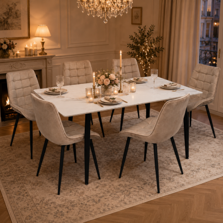Mobilier  - Set masa living Lineo FDT1, blat ceramica, structura metalica, 140x80x75 cm, alb/maro si 6 scaune Gloria FDC20, tapiterie catifea, 90 kg, bej