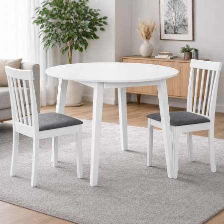 Seturi mese si scaune - Set masa living plianta Philadelphia, MDF, lemn masiv, rotunda, 55/90 x 90 x 74,8 cm si 2 scaune Houston, stofa,100 kg, 94x49x40 cm, alb/gri
