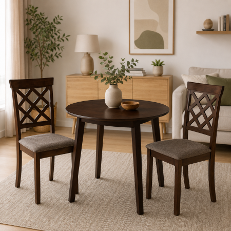 Seturi mese si scaune - Set masa living plianta Philadelphia, MDF, lemn masiv, rotunda, 55/90 x 90 x 74,8 cm si 2 scaune Vienna, tapiterie stofa, 94x49x40 cm, nuc