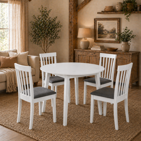Seturi mese si scaune - Set masa living plianta Philadelphia, MDF, lemn masiv, rotunda, 55/90 x 90 x 74,8 cm si 4 scaune Houston, stofa,100 kg, 94x49x40 cm, alb/gri