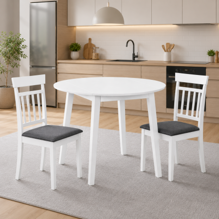 Seturi mese si scaune - Set masa living plianta Philadelphia, MDF, lemn masiv, rotunda, 55/90 x 90 x 74,8 cm si 4 scaune Hudson, tapiterie stofa,94x50x42 cm, alb/gri