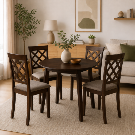 Seturi mese si scaune - Set masa living plianta Philadelphia, MDF, lemn masiv, rotunda, 55/90 x 90 x 74,8 cm si 4 scaune Vienna, tapiterie stofa, 94x49x40 cm, nuc