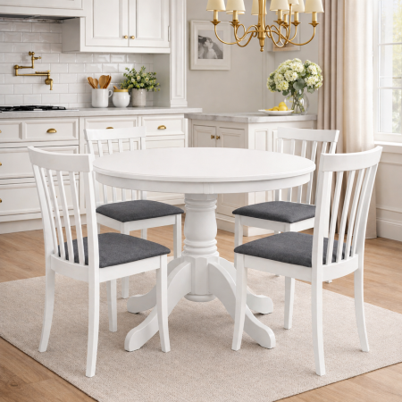 Seturi mese si scaune - Set masa living rotunda Montreal, lemn masiv, MDF, 90x73.8 cm si 4 scaune Houston, stofa,100 kg, 94x49x40 cm, alb/gri