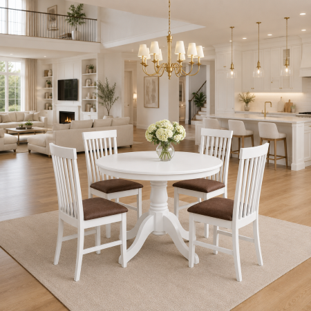 Seturi mese si scaune - Set masa living rotunda Montreal, lemn masiv, MDF, 90x73.8 cm si 4 scaune lemn masiv Glendale, stofa,100 kg, 93x49x41.5 cm, alb/maro