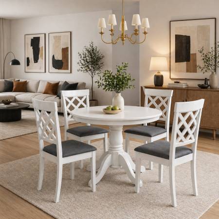Seturi mese si scaune - Set masa living rotunda Montreal, lemn masiv, MDF, 90x73.8 cm si 4 scaune Vienna, tapiterie stofa, 94x49x40 cm, alb/gri