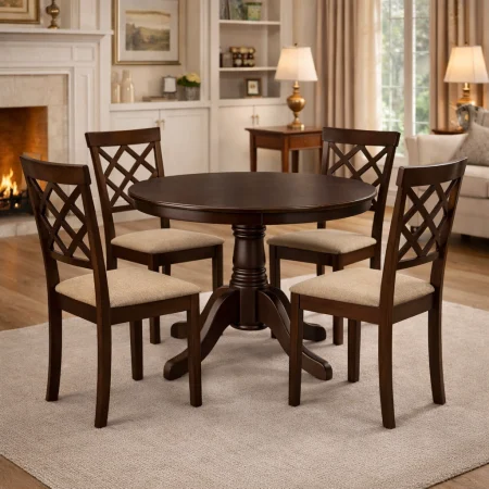 Seturi mese si scaune - Set masa living rotunda Montreal, lemn masiv, MDF furniruit, 90x73.8 cm si 4 scaune Vienna, tapiterie stofa, 94x49x40 cm, nuc