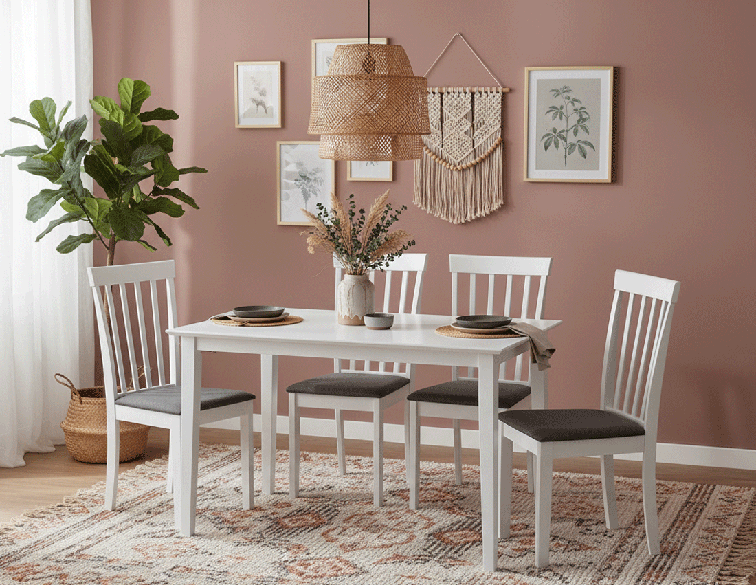 Mese cu scaune - Set masa living si bucatarie Bali, MDF, 112x72x74 cm si 4 scaune Houston, lemn masiv, tapiterie stofa, 100 kg, alb