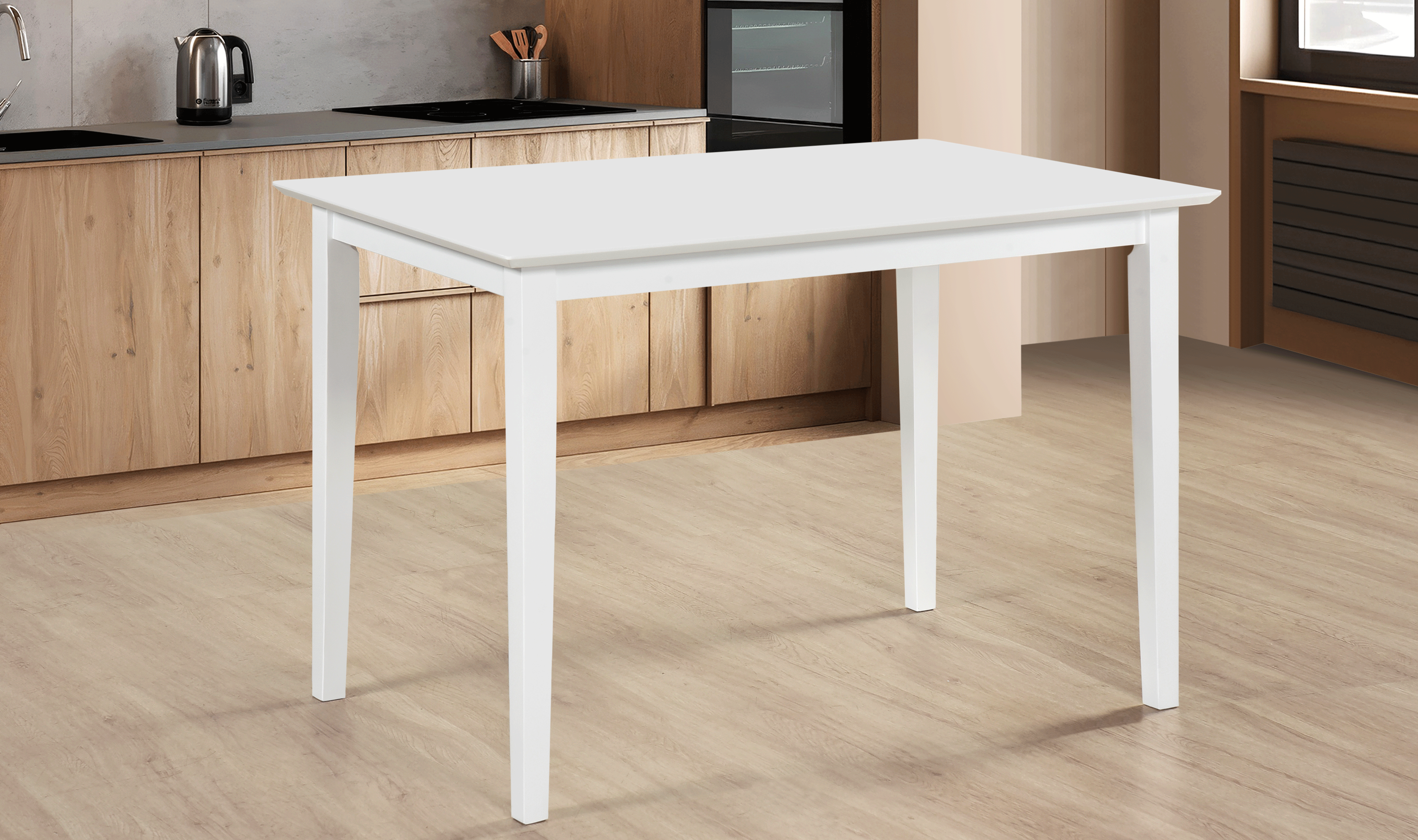 Set masa living si bucatarie Bali, MDF, 112x72x74 cm si  4 scaune Rebecca, stofa,100 kg, 94x49x43.5 cm, alb/gri [2]