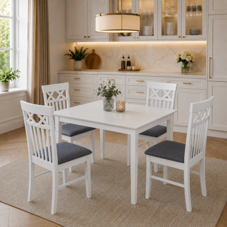 Seturi mese si scaune - Set masa living si bucatarie Bali, MDF, 112x72x74 cm si  4 scaune Rebecca, stofa,100 kg, 94x49x43.5 cm, alb/gri