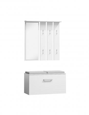 Pantofare - Set mobilier hol alb cu oglinda si pantofar, 6 umerase, sezut gri