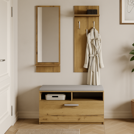 Set mobilier hol cu cuier, oglinda si bancă pantofar stejar wotan [0]