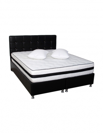 Set saltea ortopedica Lotus Forte Super 140x190 cm cu doua perne din microfibra pe un pat negru [4]