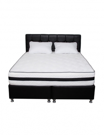 Set saltea ortopedica Lotus Forte Super 140x190 cm cu doua perne din microfibra pe un pat negru [3]