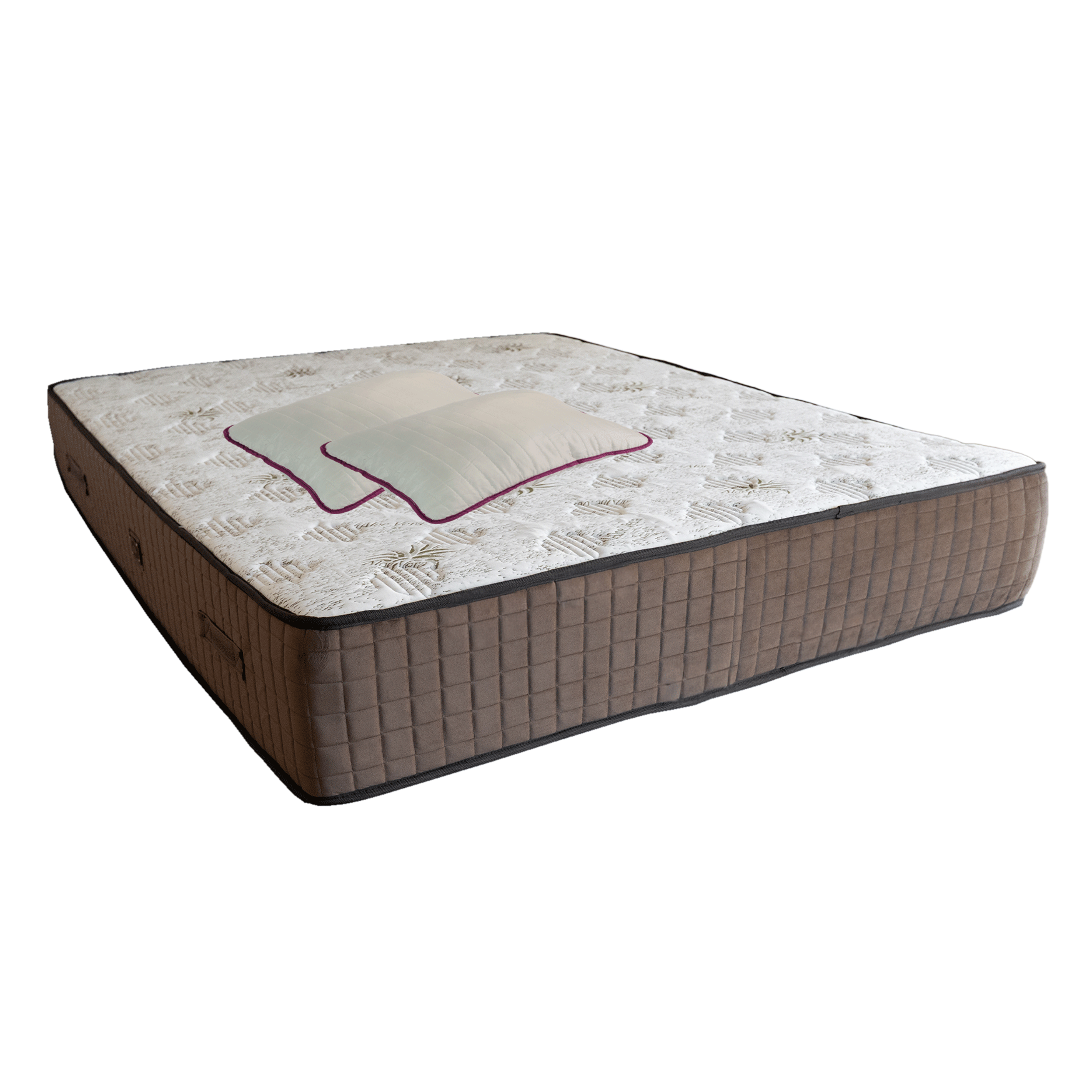 Saltele superortopedice - Set saltea Lotus Forte Super ortopedica 140x200x30 cu perne din microfibra, prezentata pe un pat negru.