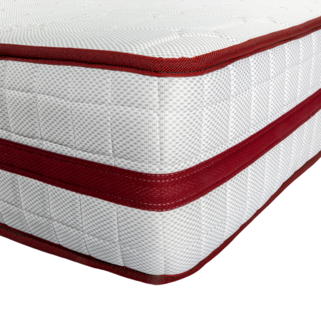 Set saltea ortopedica Roza Super Lux 140x200x26 cm cu 2 perne microfibra 50x70 cm pe un pat negru [10]