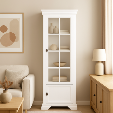 Comode living - Vitrina living alba cu usi din sticla si grilaj