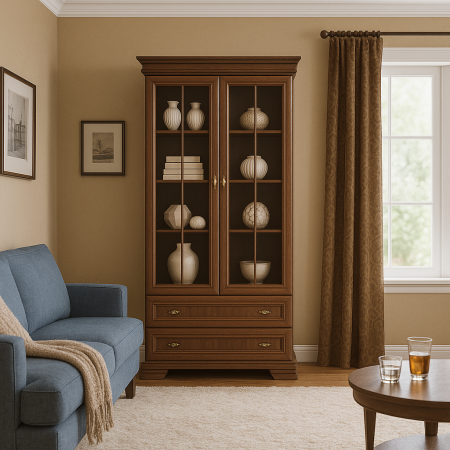 Mobilier living - Vitrina living VMW2 din lemn cu usi vitrate si sertare, in camera amenajata clasic