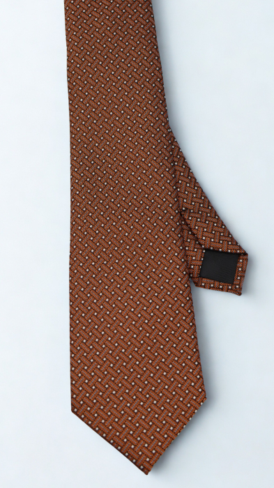 Cravată cognac cu model geometric alb-bej [2]