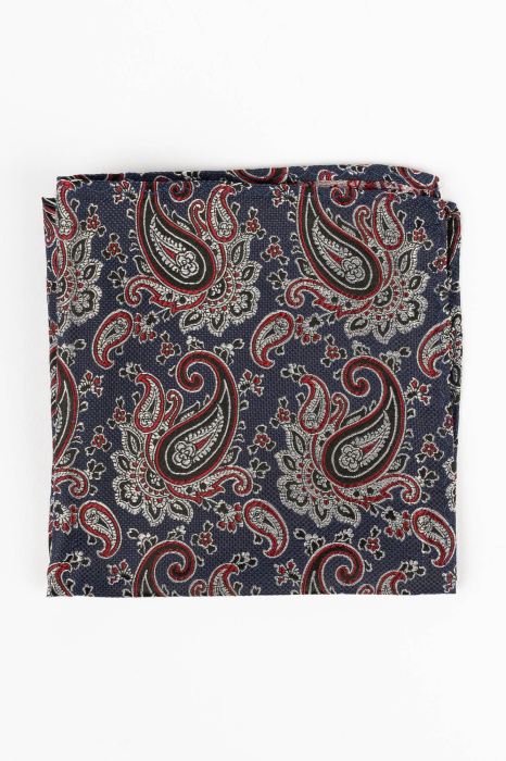 Batista matase naturala bleumarin cu model floral rosu si negru [2]