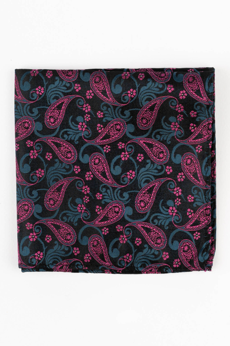 Batista matase naturala neagra cu paisley bleumarin si roz [2]