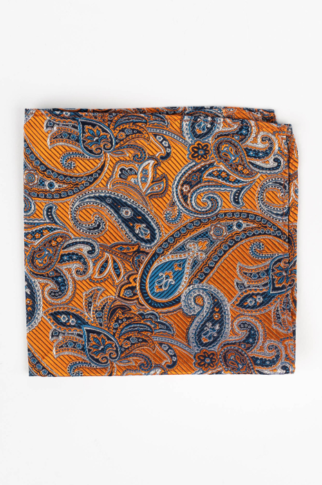 Batista matase naturala portocalie cu imprimeu paisley albastru si argintiu [2]