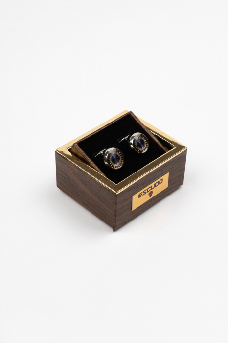 Butoni argintii cu insertie bleumarin si aurie [3]