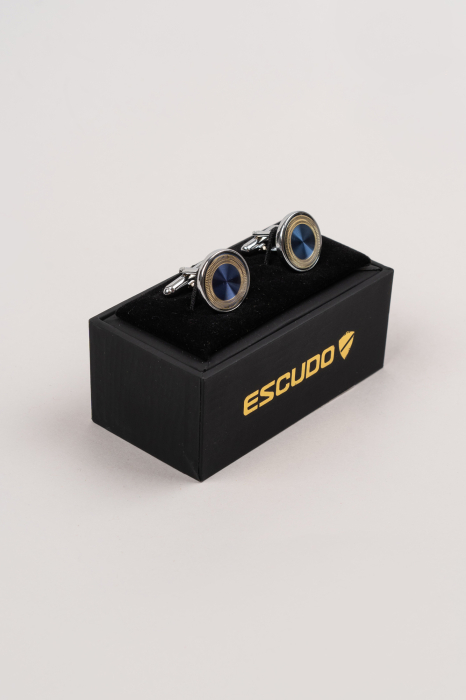 Butoni rotunzi argintii cu insertie bleumarin si aurie 25-07 [3]