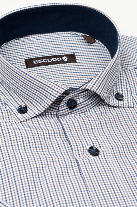 Camasa 2XL maneca scurta regular cu carouri maro si bleumarin [2]
